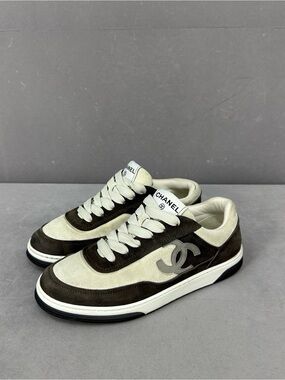 CHANEL Brown and Cream Suede Low-Top Sneakers